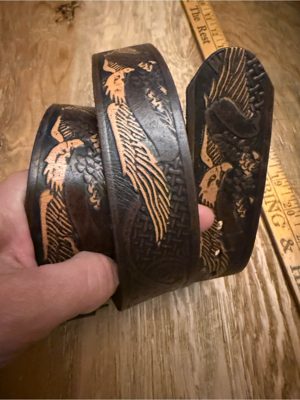 Wrangler Black and Brown Tooled Leather Men's Belt with Eagle Motif
